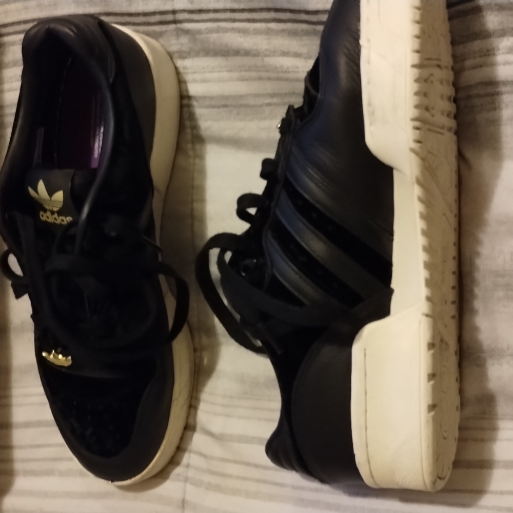 Black velvet and leather Adidas shoes
